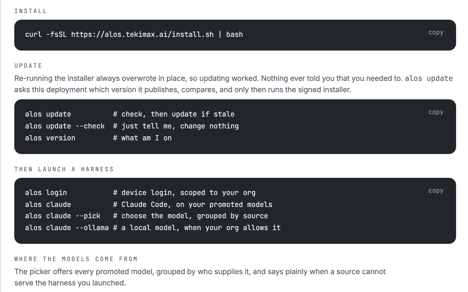The first step of connecting an AI agent: the one line that installs the command line, the commands that keep it current, and the commands that launch a coding agent on the models the organisation approved