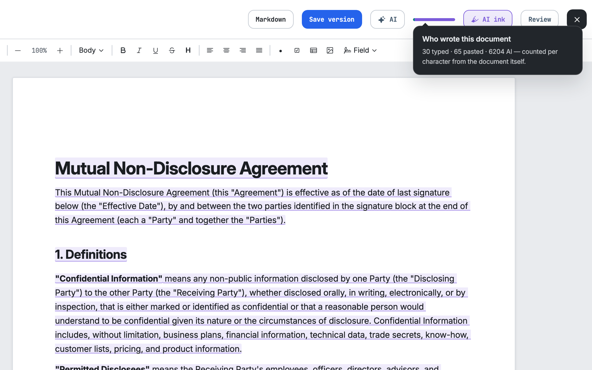 A contract open in the editor with the authorship lens on: every sentence underlined by where it came from, and a panel counting how much of it was typed, pasted, or written by an agent
